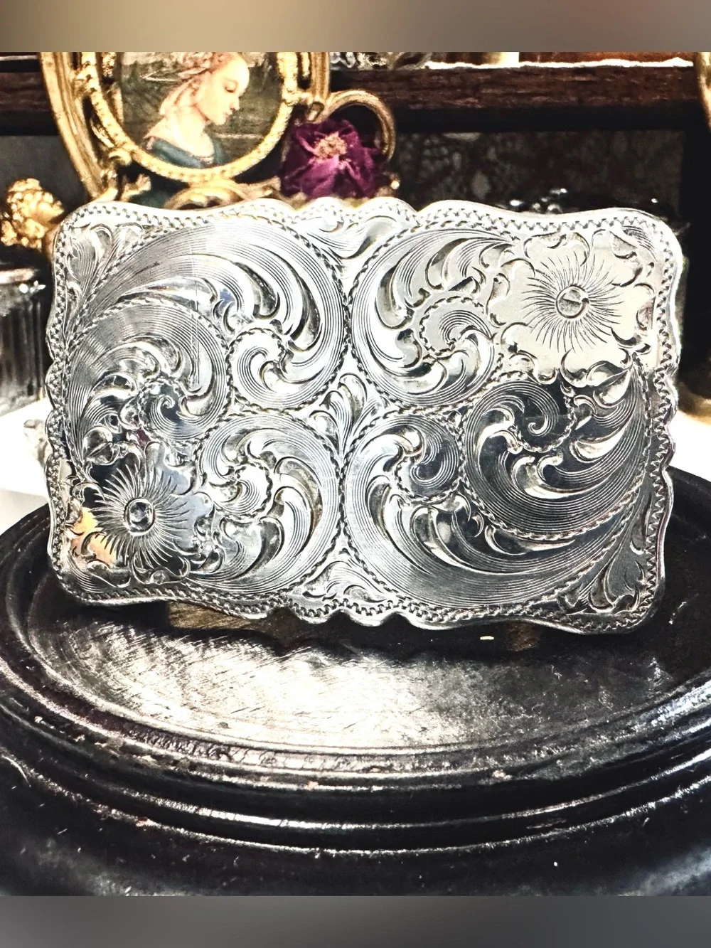 Vintage Diablo Hand-Engraved Floral & Plumes Sterling Silver Overlay Belt Buckle